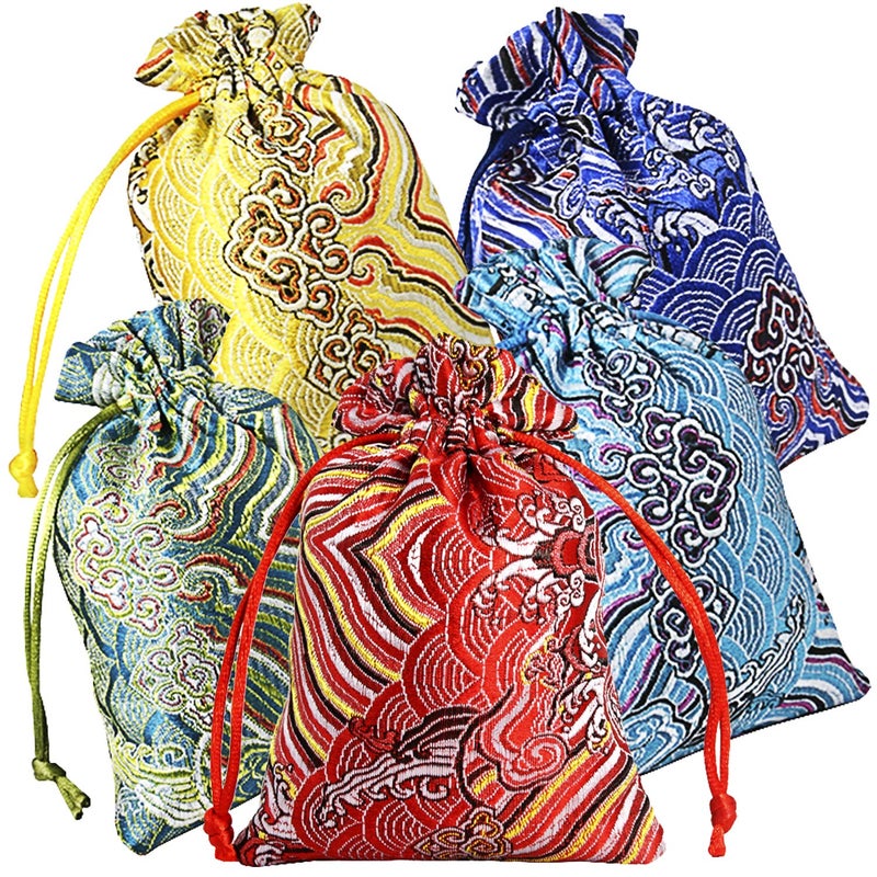 PINOWU 10pcs Silk Brocade Jewelry Pouch Bag 4x55 for Wedding Party Favors Drawstring Coin Purse Embroidered Sachet Candy Chocolate Bag for Christmas New Year Birthday Party Thick